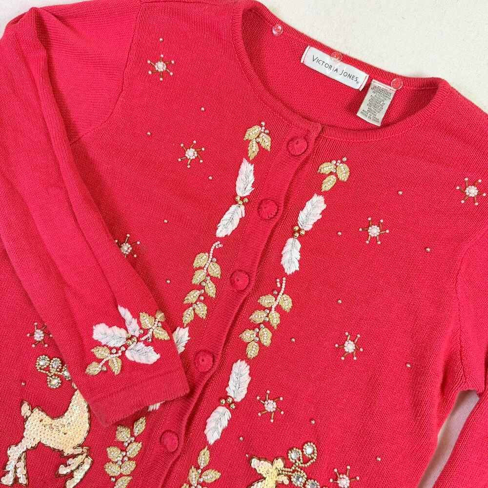 Vintage 90s Christmas Beaded Embroidered Sequin Reindeer Red Cardigan Women's M